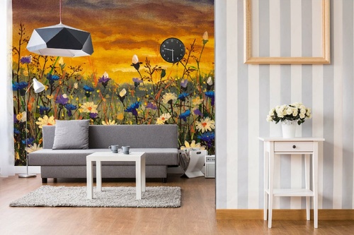 Vlies Fototapete - Gemälde - Gänseblümchen und blaue Kornblumen 375 x 250 cm